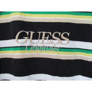 Vintage Guess Originals Black Green Yellow Striped Cotton Tshirt Size Large